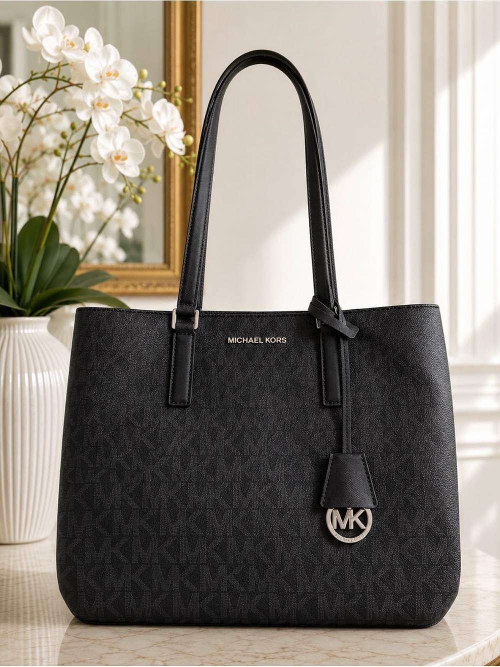 Michael Kors Morgan Large Black Logo Tote Shoulder Bag Silver Hardware